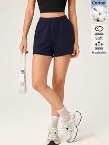 SHEIN BASICS 女款戶外休閒基礎款鬆緊腰短褲 夏季居家工作休閒褲 海軍藍 - 藏蓝色 - 查看 7