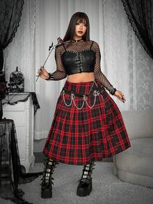 Whyspr Rok Lipit Berpotongan dengan Resleting dan Belahan Motif Kotak-kotak Ukuran Besar untuk Halloween dan Musim Gugur - Merah - View 5