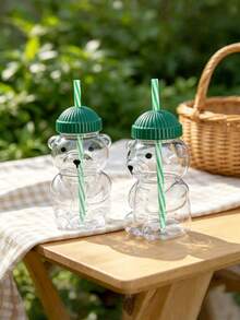 1/2/3/4/5/10Pcs Plastic Cute Bear Straw Cup – Teddy Bear Design Straw Tumbler With Lid, Reusable Travel Drinkware For Juice, Cold Drinks, Milk, Coffee (Not For Boiling Water) - Green - View 11