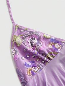 ROMWE Y2K 女款復古粉色不對稱下擺亮片刺繡網紗迷你洋裝 - 紫色 - 查看 3