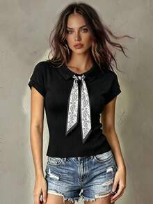 Franclia 女款黑色夏季優雅上班 T-shirt，極簡休閒純色 Polo 領圍巾領結短袖上衣，情人節優雅蝴蝶結休閒上衣 - 黑色 - 查看 1