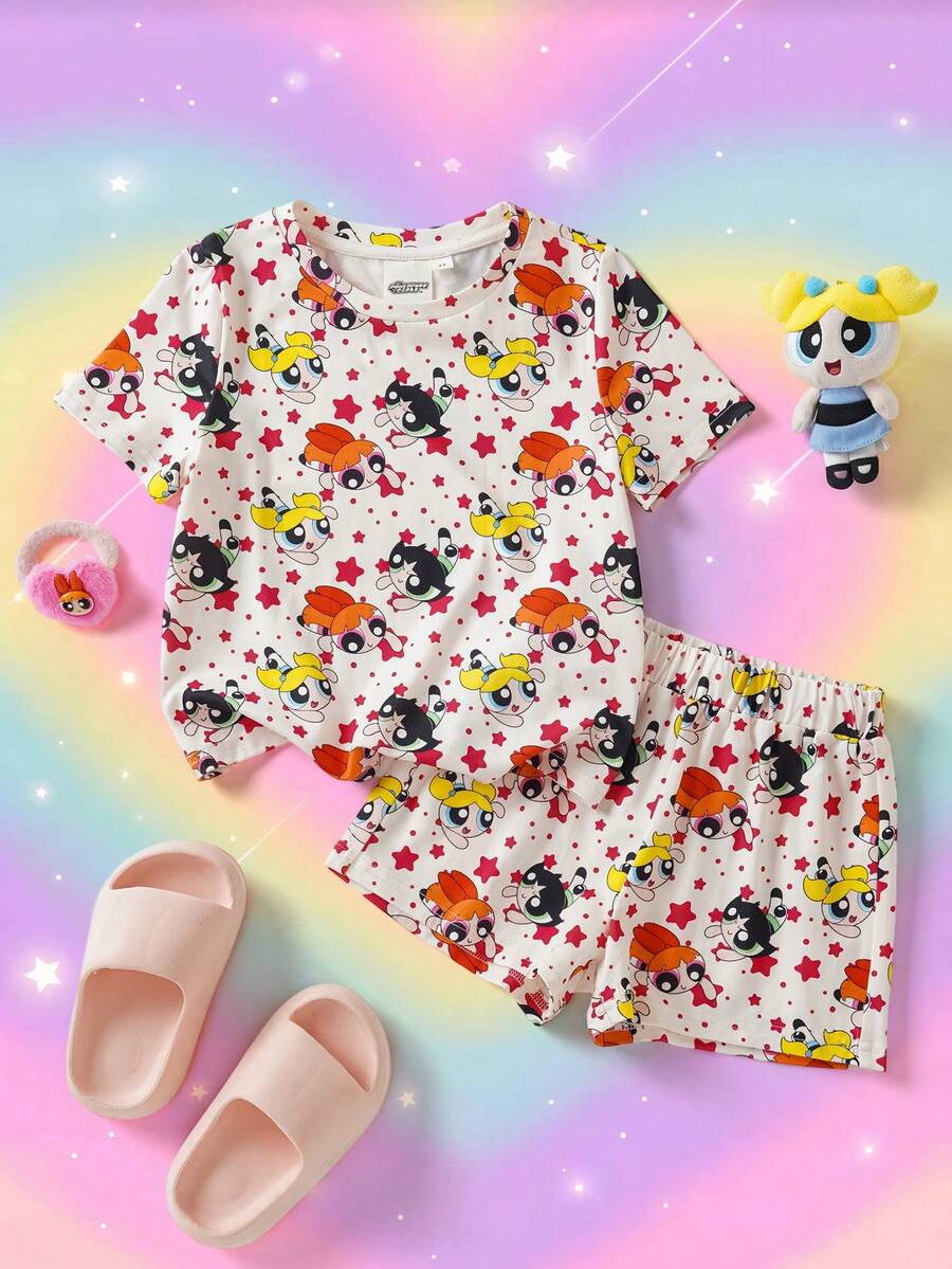 THE POWERPUFF GIRLS X SHEIN 女童全印花圓領短袖上衣與短褲休閒居家睡衣套裝 - 杏色 - 查看 1