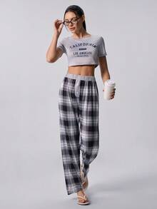 Loungeista 2件組女款印花圓領短袖上衣 + 直筒彈性腰長褲居家休閒套裝 - 灰色 - 查看 10