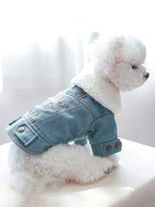 PETSIN 1件刺繡字母寵物藍色毛絨加厚外套，適用於低溫寒冷天氣的貓狗衣服 - 藍色 - 查看 5