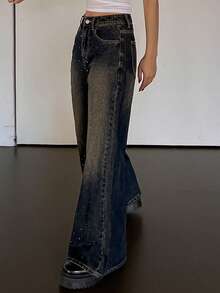 Dazy Tall Celana Jeans Denim Wanita Model Lurus Kasual Jalanan dengan Hiasan Berlian Imitasi untuk Musim Gugur - Medium Wash - View 6