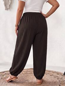 SHEIN CURVE+ Plus Size Minimalist Soft Form Elegant Casual Solid Color Loose Fit Textured Pants With Pockets Autumn Dates Office Brunch Formal Vacation Brown - Brown - View 2