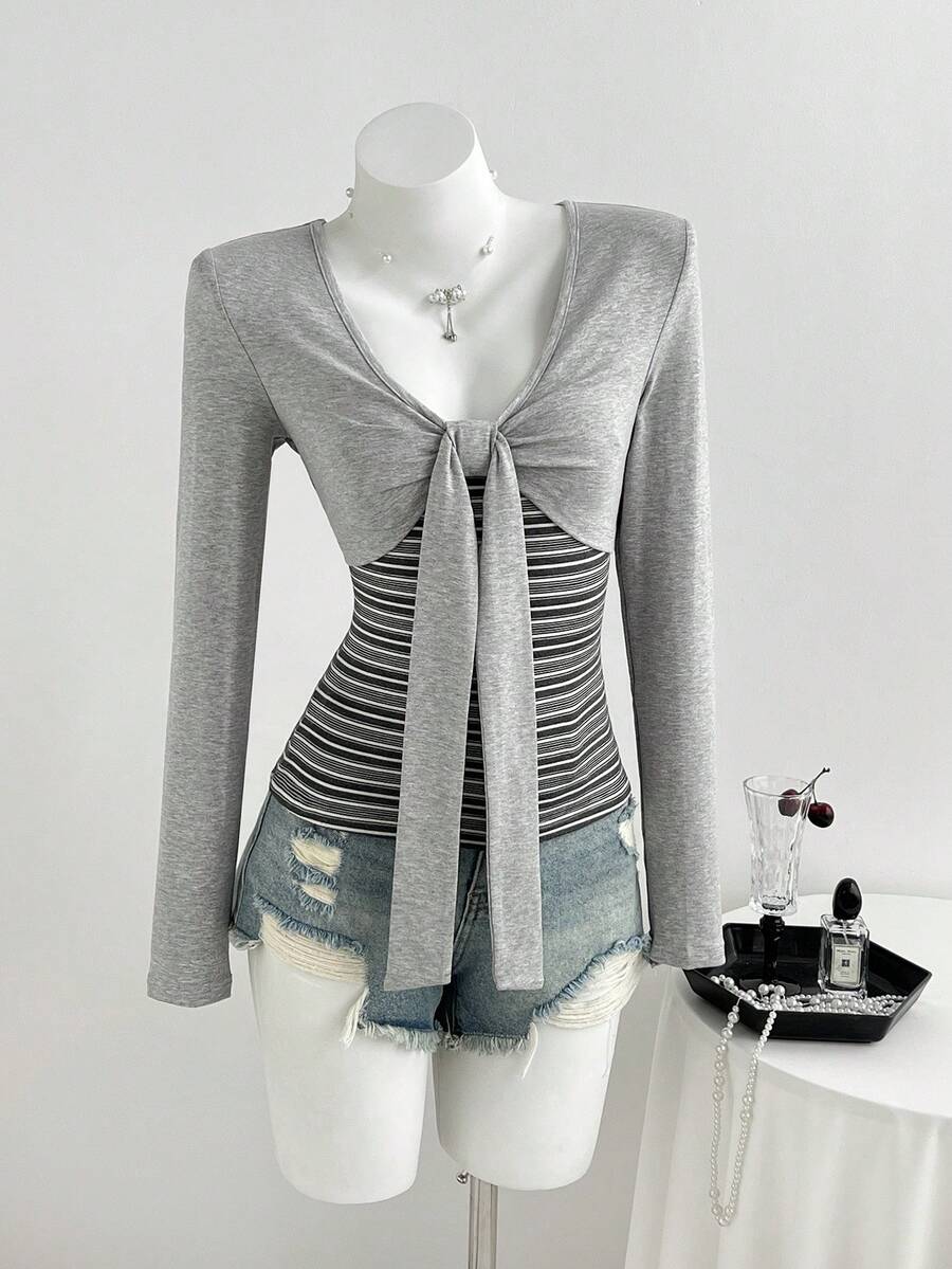 Elamini Autumn/Winter Women's 2 In 1 V-Neck Contrast Color Striped Fitted Lace-Up T-Shirt - Grey - View 1
