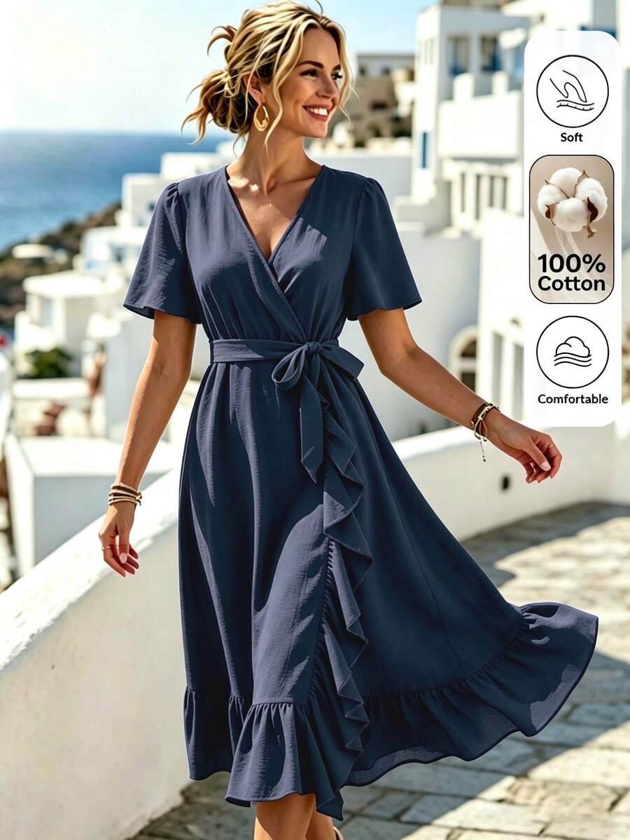 Louniche 標準尺寸女款荷葉邊飾交叉V領修身中長洋裝,優雅度假風 - 藏蓝色 - 查看 1