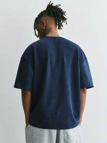 Sonviro Men's Navy Blue Summer Casual Streetwear T-Shirt,Suede-Like Fabric Embossed Pattern,City Break Relaxed Dropped Shoulder Oversized Minimalist Tee - Navy Blue - View 3