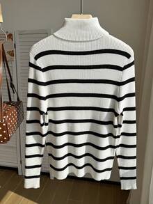 Comfortcana Plus Size Autumn/Winter Versatile All-Match Black & White Striped Thin Turtleneck Striped Base Layer Sweater - Black and White - View 2