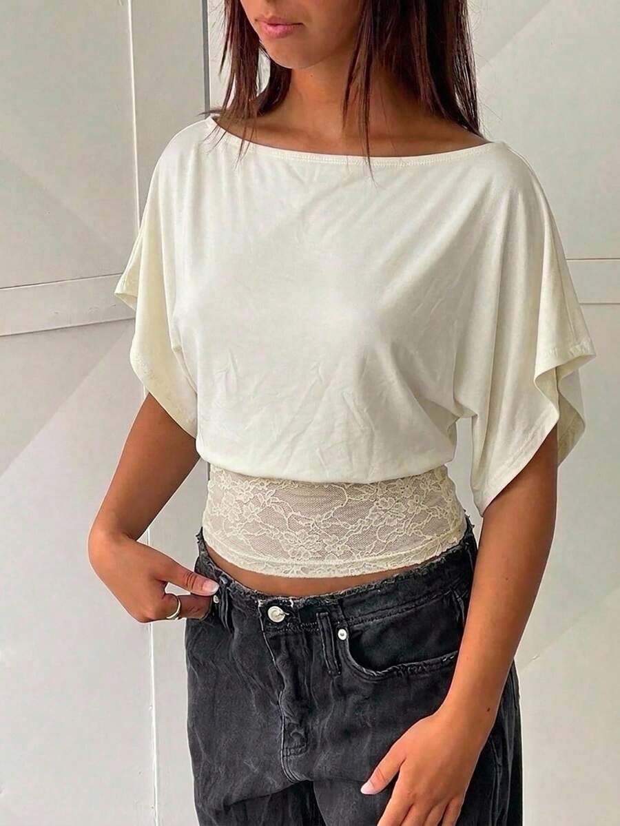 Aloruh 女款夏季新款淡黃色優雅性感辣妹日常通勤浪漫約會極簡休閒蕾絲拼接不對稱露肩T恤