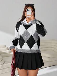Solflare Plus Size Women's Diamond Pattern Crew Neck Long Sleeve Casual Pullover Sweater - Multicolor - View 7