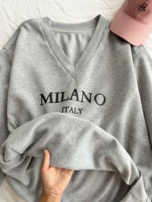 Comfortcana Casual Soft Form Traditional Minimalist Plus Size V-Neck Loose Sweatshirt Suitable For Autumn/Winter Back-To-School Vacation Date Dates Night Black - Grey - View 12