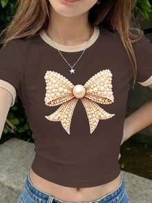 Kaos Musim Panas Cokelat Lucu untuk Remaja Perempuan, Blus Lengan Pendek Leher Bulat dengan Motif Pita Mutiara Bertekstur, Kemeja untuk Kembali ke Sekolah, Liburan, dan Prom, Ukuran 8-12 - MultiWarna - View 3