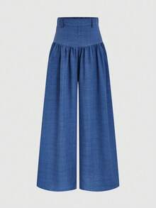 Selianne Women's Blue Ruched Wide Leg Pants With Pockets, Elegant And Sophisticated Style, Birthday Gift, Date, Party, Valentine's Day, Carnival, Gathering, Music Festival, Travel, Vacation, Street Photography, Atmospheric, Spring/Summer/Autumn, Versatile Wide Leg Pants - Blue - View 3