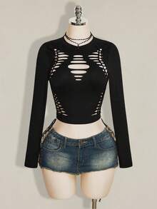 SHEIN ICON Fall Women's Black Hollow Out Goth Club Gyaru Solid Color Casual Versatile Daily Long Sleeve Top - Black - View 3
