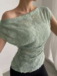 DAZY Women's Elegant Lace Asymmetric Ruffled Asymmetric Neck Blouse, Summer - Green - View 7