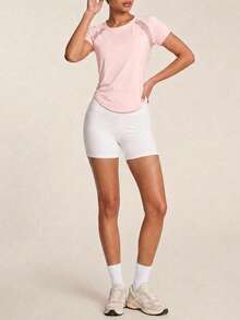 SHEIN BAE Activina Women Solid Color Round Neck Raglan Sleeve Short Sleeve Sports T-Shirt Gym Shirts - Pink - View 5