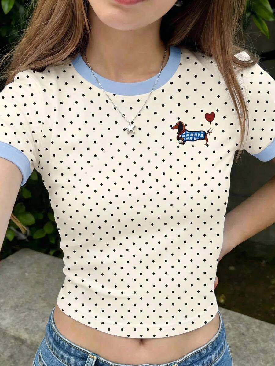 青少年女孩休閒簡約可愛圓點小狗圖案緊身圓領短袖高腰短版正裝T恤，適合夏季，寶藍色，圖案，日系可愛，上衣，舒適，夏季 - 彩色 - 查看 1