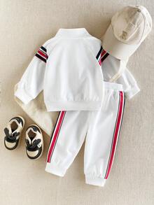 SHEIN 2pcs/Set Baby Boy Jacket Set, Autumn/Winter Casual Fashion Embroidered White Contrast Trim Zipper Top And Casual Fashion Jacket Long Pants, Street Outdoor Sports Outfit, Daily Outing, Fashion Versatile Sporty Style - White - View 2