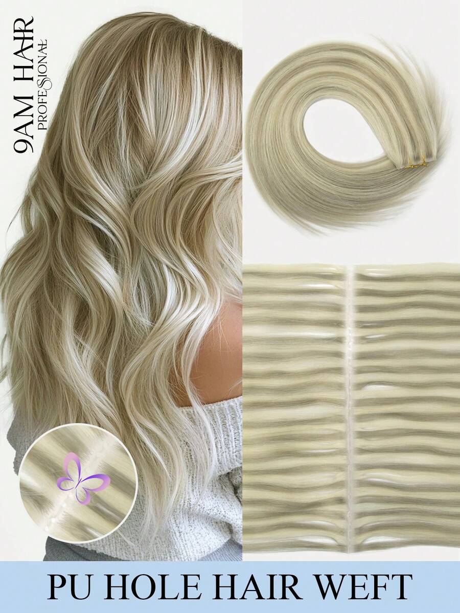 Butterfly Weft Hair Extensions Real Human Hair PU Hole Weft Extension Real 12-24inch Invisible Hole Weft Human Hair Extensions Smooth Straight #17-613,Double Inject XO PU Skin Hole Weft Twin Tab Weft Extension Long-Lasting Wearable Design - S17-613 - View 1
