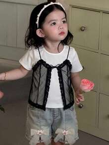Dazy Kids 女童秋季服飾 2合1蕾絲拼接圓領短袖T恤 - 黑與白 - 查看 4