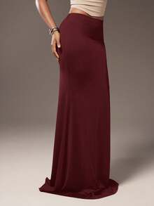 Hauture Plus Size High Waist Maxi Skirt - Burgundy - View 5
