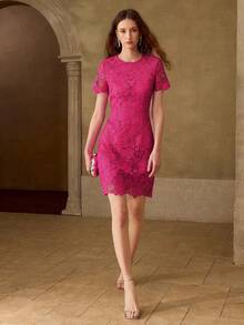 MOTF PREMIUM ELEGANT LACE MID-LENGTH DRESS FOR WOMEN - Hot Pink - View 1