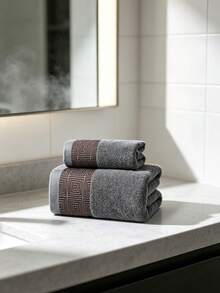 1pc/2pcs Luxury Classic Interlocking Pattern Towels With Gold Thread Embroidery, Soft, Water-Absorbent, Lint-Free, Thin Design, Couple Household Towels For Bathing And Face Washing, Bathroom Decor Towels - Grey - View 2