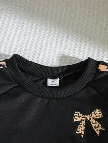 Elladie kids 女童休閒拼色衛衣套裝，黑色插肩袖圓領短版豹紋蝴蝶結圖案，搭配寬腿長褲，返校穿搭女童服飾 - 黑色 - 查看 6