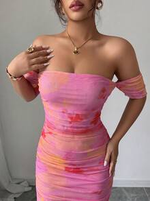 Selianne 女款優雅露肩紮染開衩修身長洋裝，秋季女裝套裝 - 藕粉色 - 查看 3
