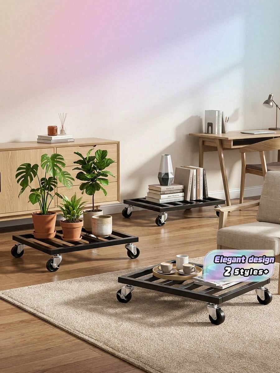1件裝重型金屬植物推車，附可鎖定輪子 - 10吋與12吋方形層架，適用於室內/室外使用，戶外花園層架推車