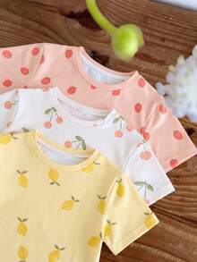 Baby Girl Casual Minimalist Round Neck Short Sleeve T-Shirt 3pcs Set Suitable For Spring And Summer - Multicolor - View 6