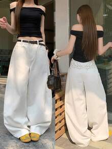 Dazy Tall Celana Jeans Wanita Longgar Putih Kasual Model Lurus dengan Hiasan Bordir di Bagian Belakang (Atasan Lucu) - Putih - View 9