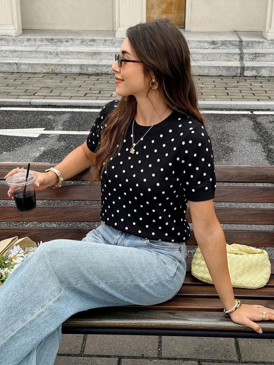 Serisse Women's Polka Dot Casual Versatile Daily Wear Knit Top - Black - View 1