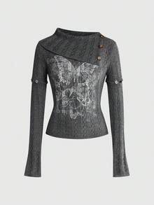 ROMWE Asymmetrical Collar Sleeve Y2K Butterfly Print Women's Sweater - Dark Grey - View 1