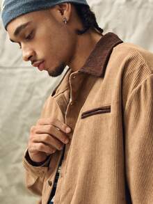 Men's Contrast Color Long Sleeve Single-Breasted Casual Jacket - Khaki - View 10