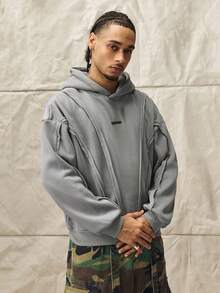 Norleigh Men's Casual Hoodie With Deconstructed Curved Paneling, Stretchy, Y2K, Grey, Patched, Rib-Knit, Long Sleeve, Oversized, For Gifts - Grey - View 1