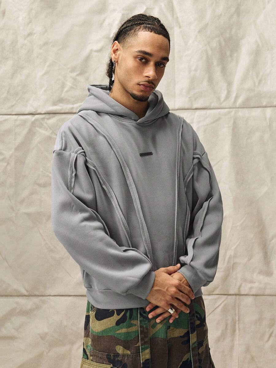 Norleigh Men's Casual Hoodie With Deconstructed Curved Paneling, Stretchy, Y2K, Grey, Patched, Rib-Knit, Long Sleeve, Oversized, For Gifts - Grey - View 1