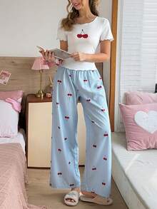 SweetSlumber Set Piyama Wanita INS Motif Garis-Garis Ceri yang Manis dan Menggemaskan dengan Trim Blok Warna, Nuansa Seru Gaya Y2K - MultiWarna - View 5