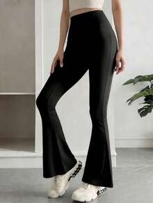 DAZY Legging Kasual Slim Fit Warna Polos Pinggang Tinggi Model Mengembang, Serbaguna untuk Pakaian Sehari-hari dan Sekolah - Hitam - View 2