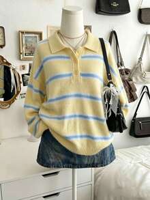 Lalippa Sweater Rajut Bergaris Blok Warna untuk Wanita - MultiWarna - View 4
