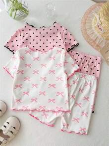 SHEIN LMoss Kids Conjunto de camiseta y pantalones cortos de punto con patrón de corazón y cuello con volantes para bebé niña - Multicolor - Ver 2