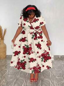 CurvyTilda Casual Vintage Flower Pattern Loose Fit Plus Size Dress, Suitable For Autumn/Winter Boho Suitable For Going Out Chic Dress Vacation Elegant Summer - Multicolor - View 5