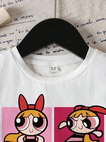 THE POWERPUFF GIRLS X SHEIN 女童夏季休閒卡通印花T恤 - 白色 - 查看 3