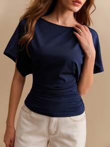 Willow Rêve Women's Short-Sleeve Gathered T-Shirt, Minimalist Top - Blue - View 3
