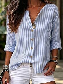 Balvessa Women's Elegant Blue And White Striped Single-Button Long-Sleeved Blouse, Suitable For Beach, Vacation And Party Occasions - Blue - View 7