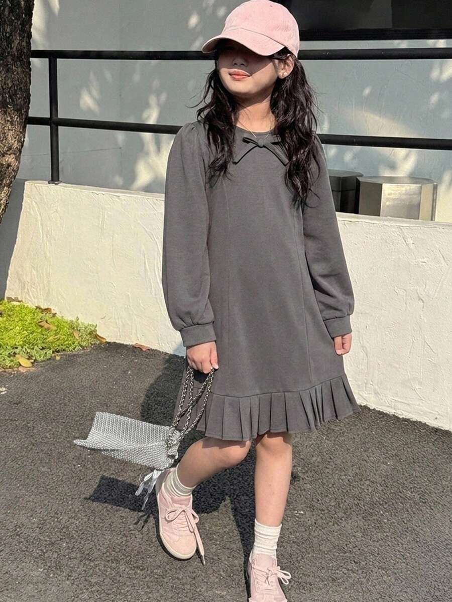 Dazy Kids 青少年女孩秋季服飾 青少年女孩圓領梭織長袖對比網紗洋裝 - 深灰色 - 查看 1