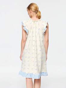 Bonmuse Piyama Kelinci Kartun Lucu Motif Acak untuk Wanita, Model Baru Ramah Kulit, Tanpa Lengan, Ikat Depan, Gaun Tidur Santai - Putih - View 2