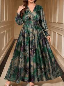 SHEIN Clasi Plus Size Floral Print Shirred Waist Shirred Vacation Dress - Green - View 2